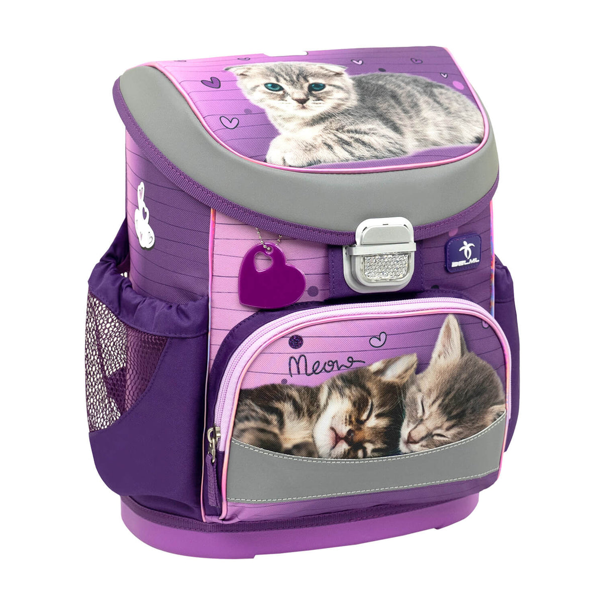 Mini-Fit Little Caty schoolbag set 4 pcs including a reflective metal buckle for safety during travel.