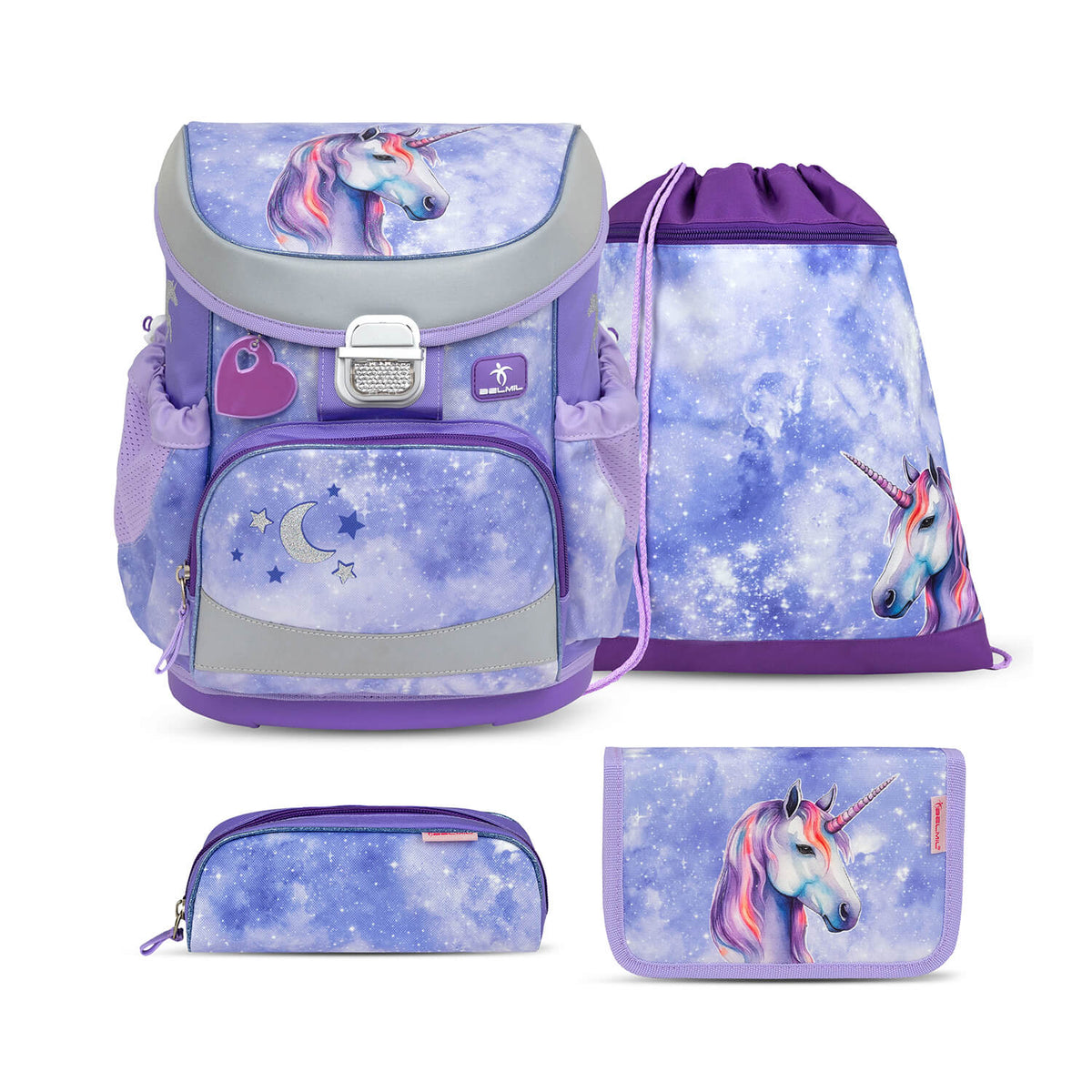 Ergonomic School Bag Set for Girls – Belmil Mini-Fit Mistyc Luna (4 pcs) featuring vibrant colors and designs, perfect for first graders.