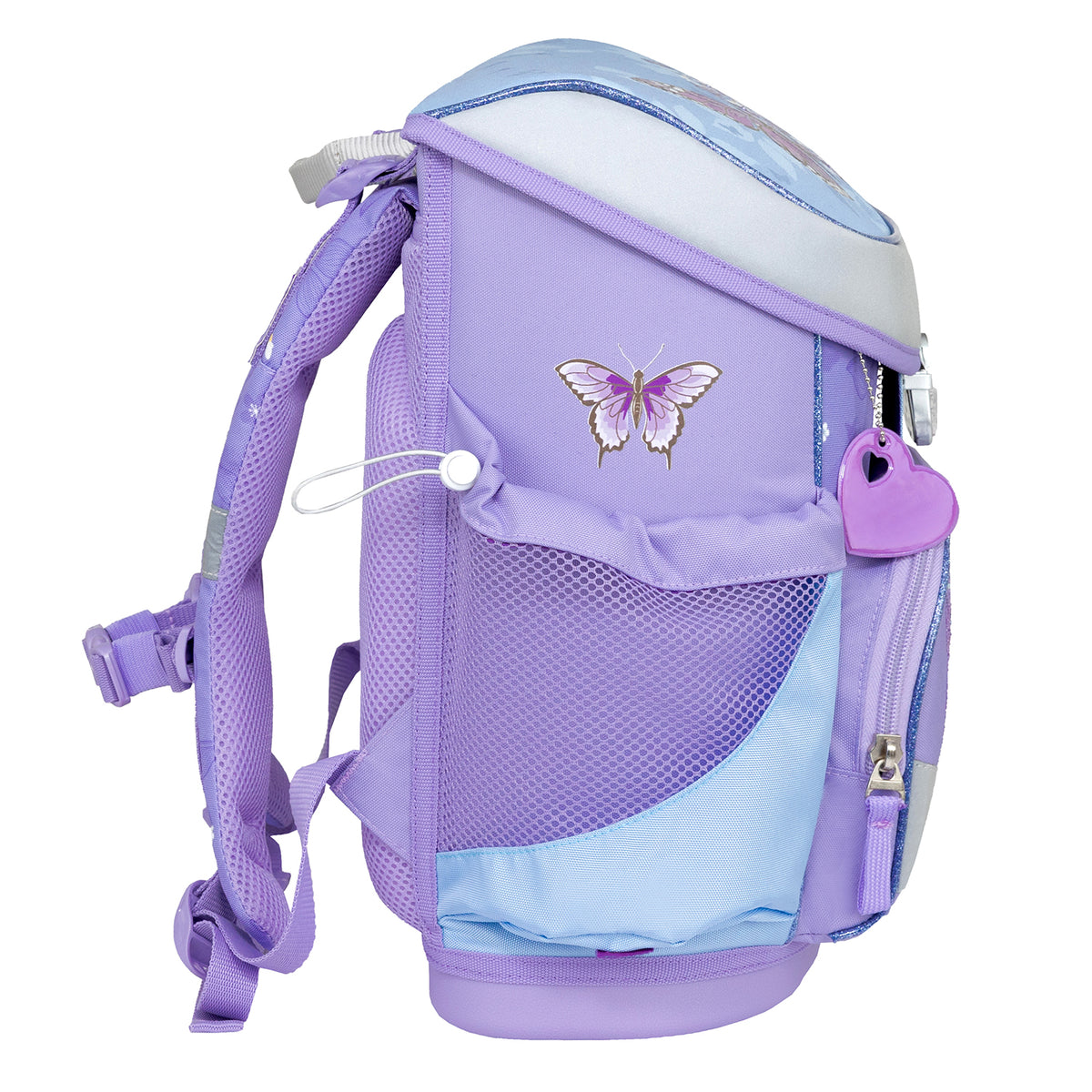Reflective elements of the Belmil Mini-Fit Ergonomic School Bag Set “Purple Blue Butterfly”, enhancing visibility for safety.