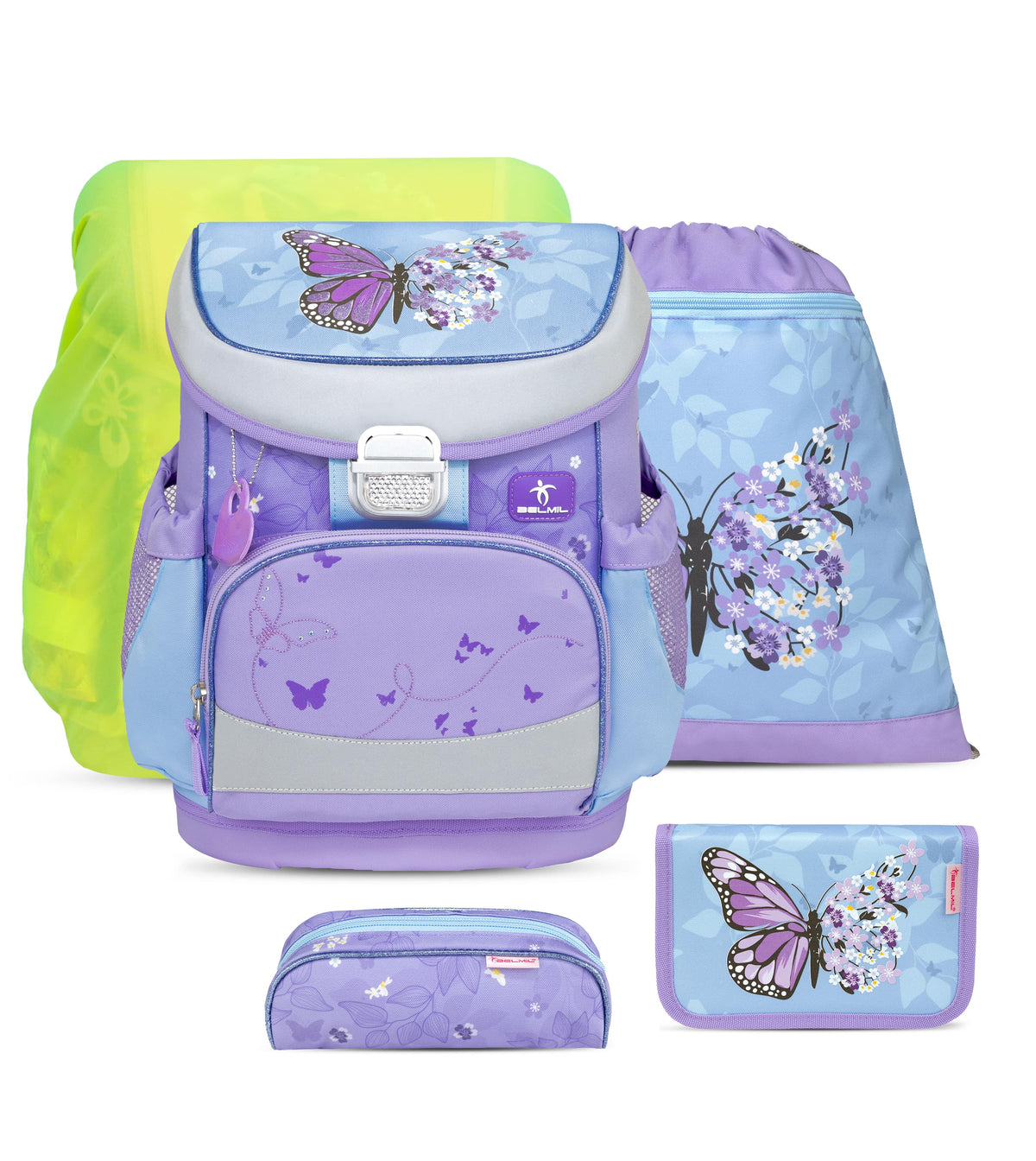 Ergonomic School Bag Set for Girls– Mini-Fit Purple Blue Butterfly School Bag Set with Rain Cover (5 pcs)