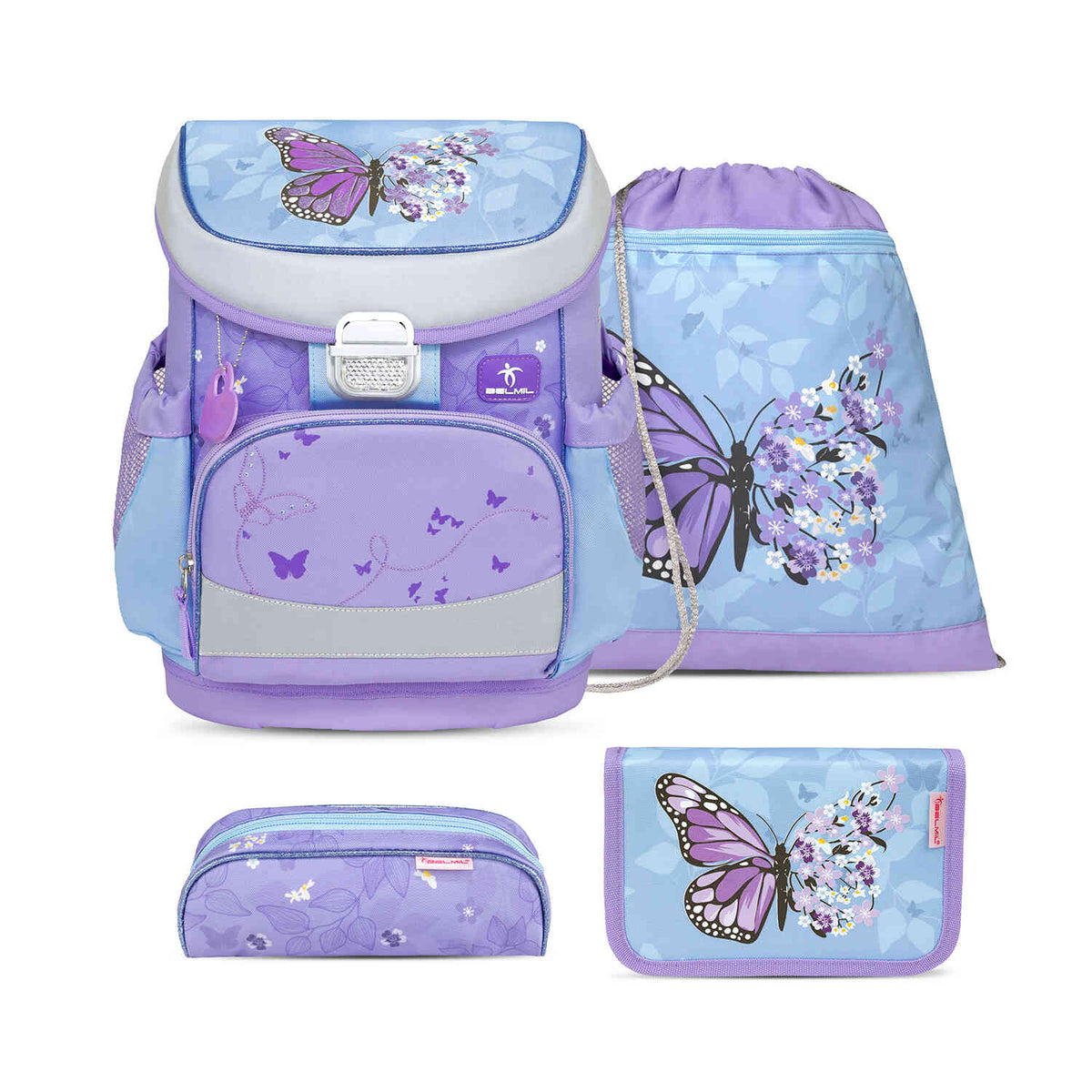 Ergonomic School Bag Set for Girls – Belmil Mini-Fit Purple Blue Butterfly (4 pcs) showcasing the front view with vibrant butterfly design.