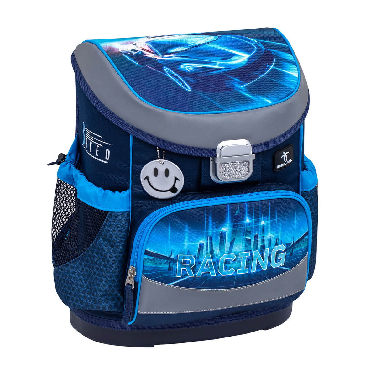 Front detail of the Mini-Fit Racing Blue Neon schoolbag set 4 pcs, with ample storage showing A4 inner compartments, designed for boys.