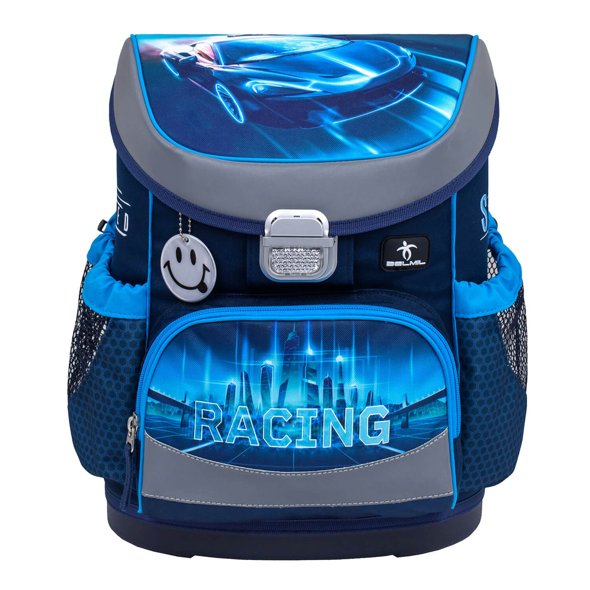 Side perspective of the Mini-Fit Racing Blue Neon schoolbag set 4 pcs, demonstrating the lightweight build and ergonomic shape ideal for boys.