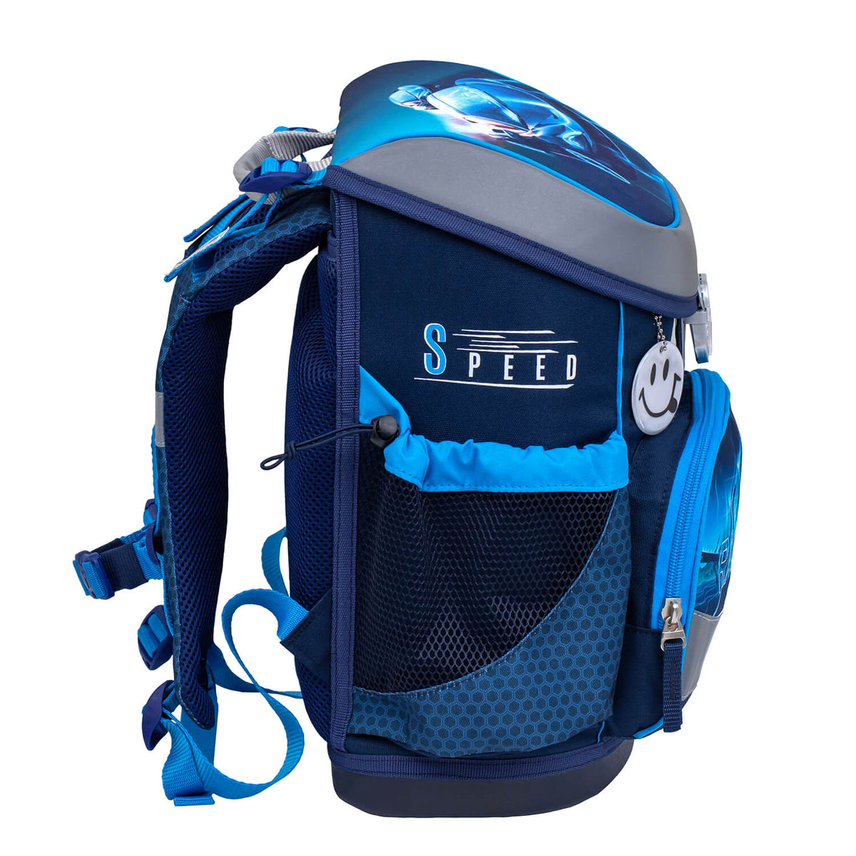 Ergonomic design of the Mini-Fit Racing Blue Neon schoolbag set 4 pcs for boys, featuring breathable back padding for extra comfort.