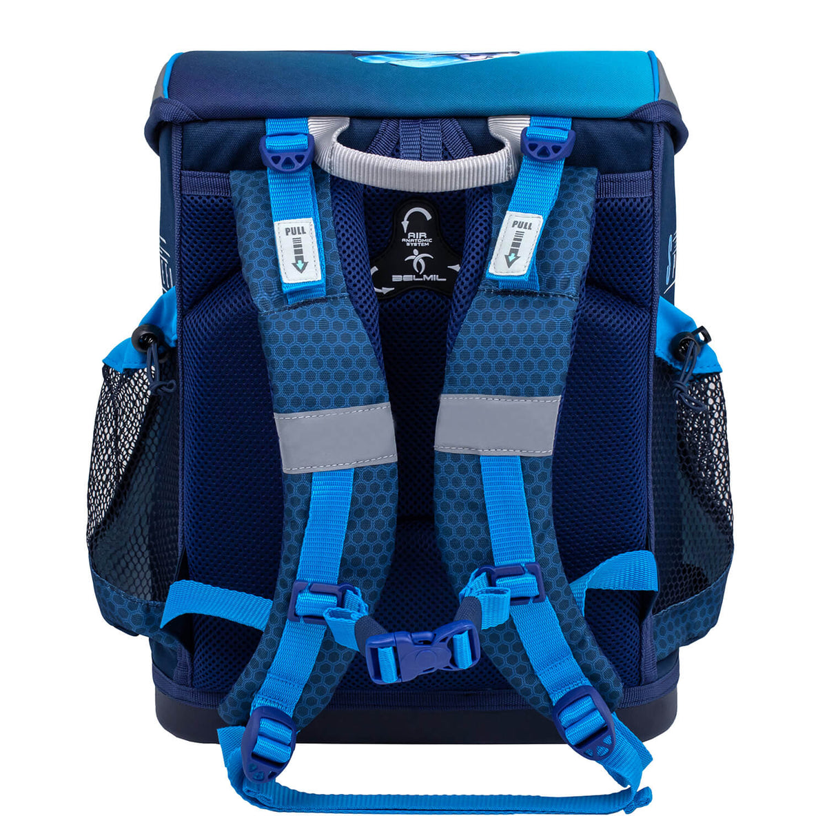 The Mini-Fit Racing Blue Neon schoolbag set 4 pcs displayed with a pencil case, showcasing its versatility as an Ergonomic School Bag Set for Boys – Belmil.