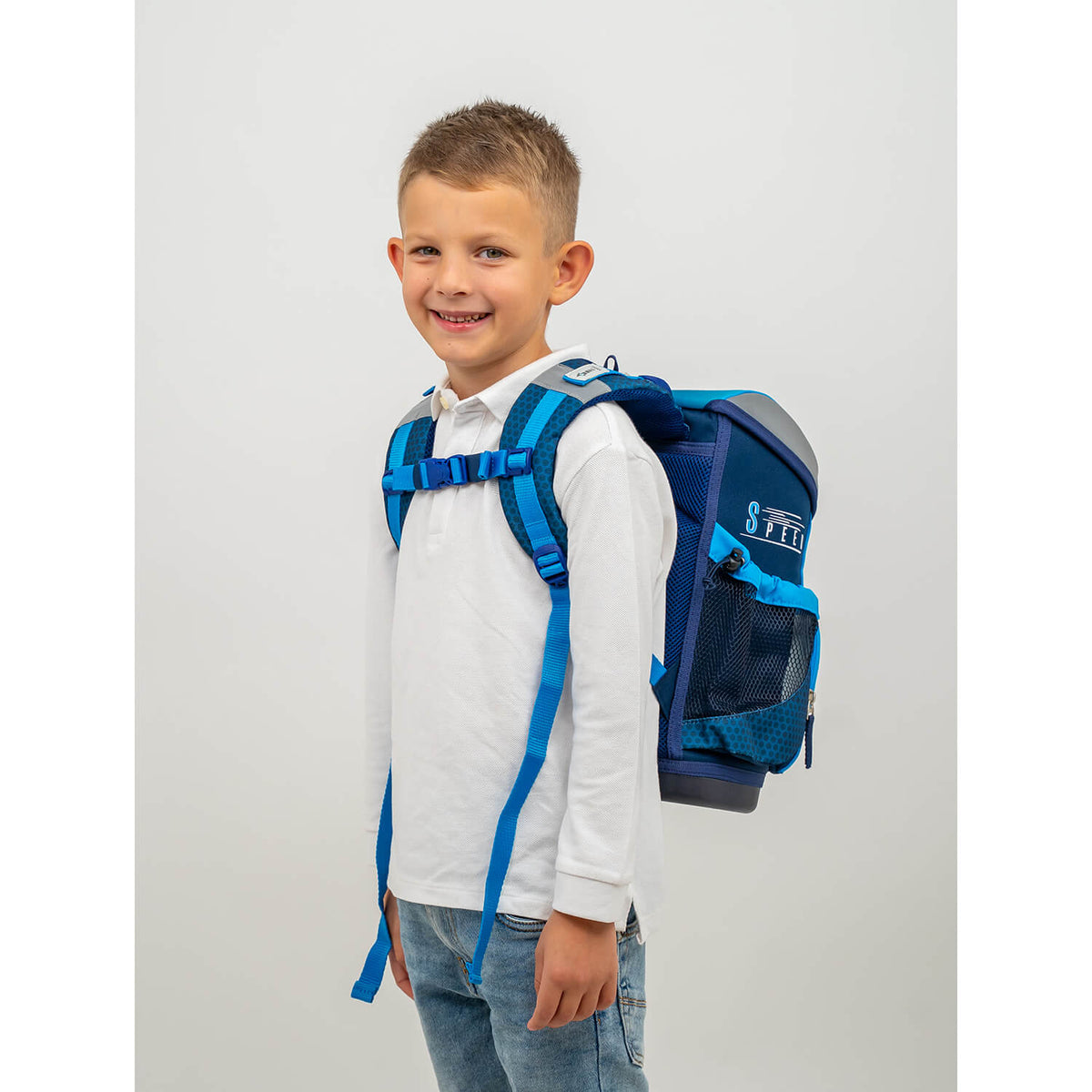 Back view of the Mini-Fit Racing Blue Neon schoolbag set 4 pcs, showcasing its ergonomic features and spacious compartments for boys.