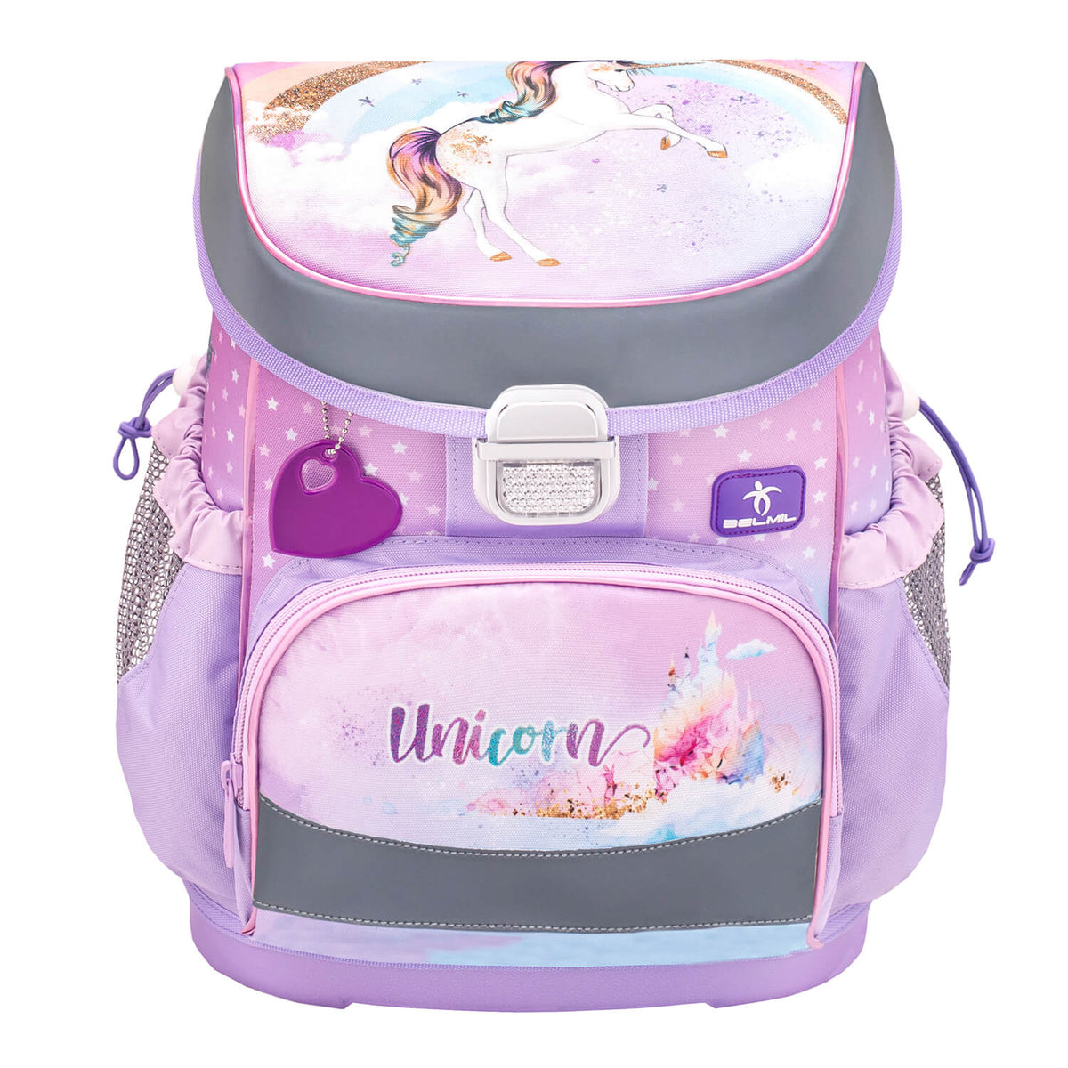 Detail of the Mini-Fit Rainbow Unicorn Schoolbag Set 4 pcs, demonstrating its ergonomic design, ideal for first graders from Belmil.