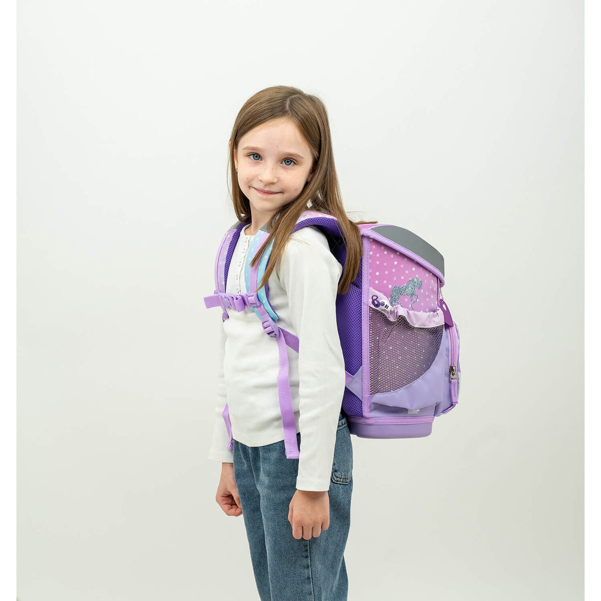 Colorful Mini-Fit Rainbow Unicorn Schoolbag Set 4 pcs, showcasing ergonomic features for girls' comfort and ease by Belmil.