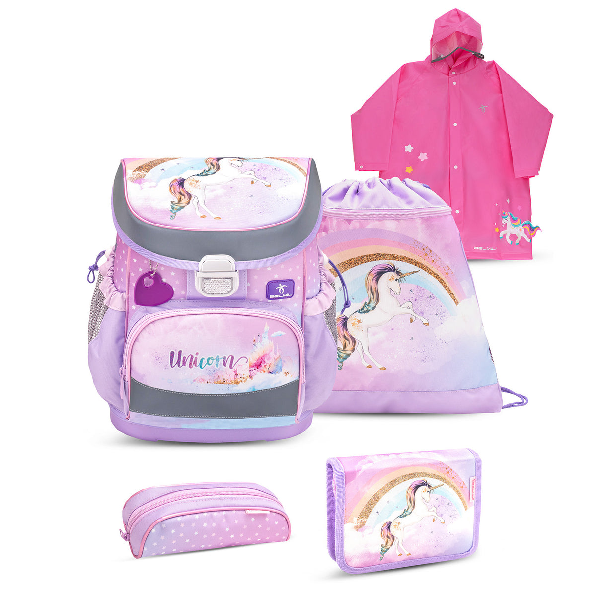 Belmil Mini-Fit Ergonomic School Bag Set “Rainbow Unicorn” + Unicorn Raincoat – 5-Piece Compact and Comfortable School Starter Set for Girls featuring a colorful design with cheerful rainbows and unicorn graphics, perfect for smaller and slim first graders.