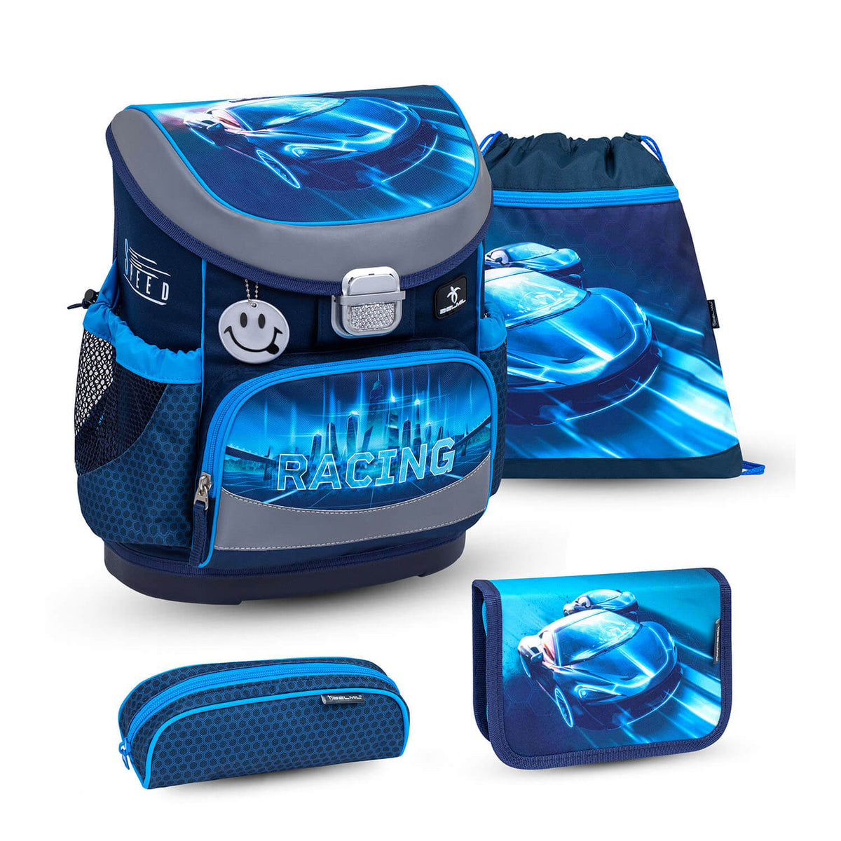 Mini-Fit Racing Blue Neon schoolbag set 4 pcs, perfect Ergonomic School Bag Set for Boys – Belmil, featuring adjustable straps and a comfortable design.