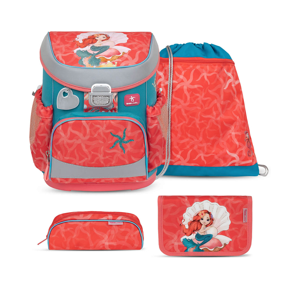 Mini-Fit Sea Queen schoolbag set 4 pcs featuring ergonomic design for first graders, perfect for young girls by Belmil.