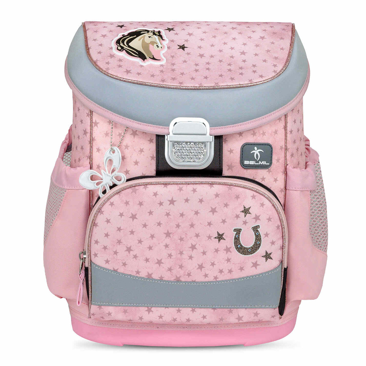 Girl using the Ergonomic School Bag Set for Girls – Belmil Mini-Fit Star Horses (4 pcs) while walking to school.
