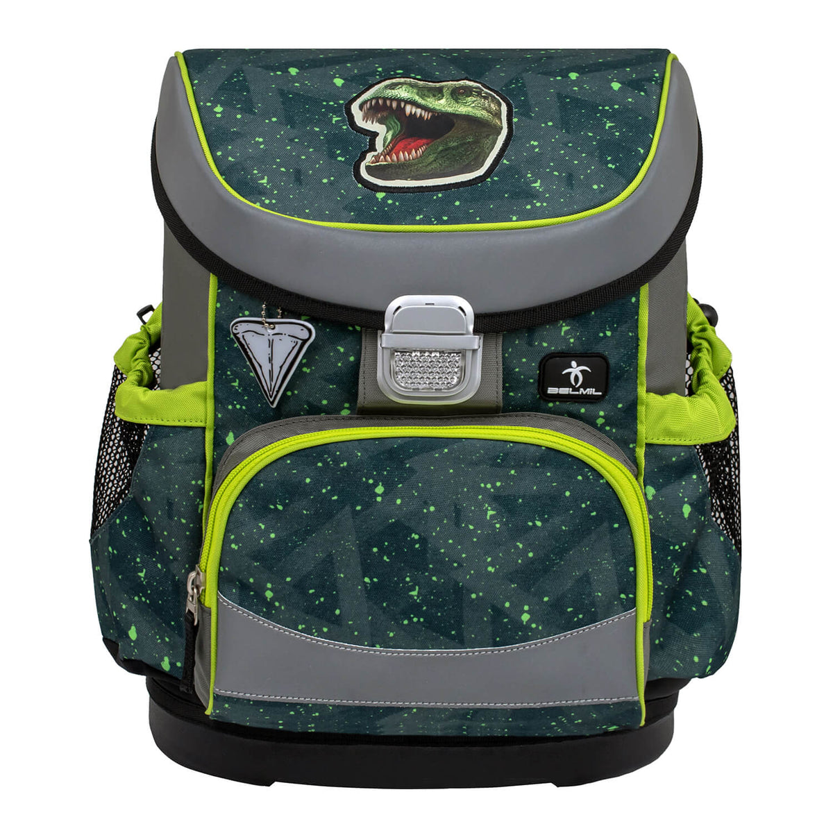 Close-up of the Belmil Mini-Fit T-rex Roar schoolbag, emphasizing the dinosaur patch and stylish design - Ergonomic School Bag Set for Boys – Belmil Mini-Fit T-rex Roar (4 pcs).