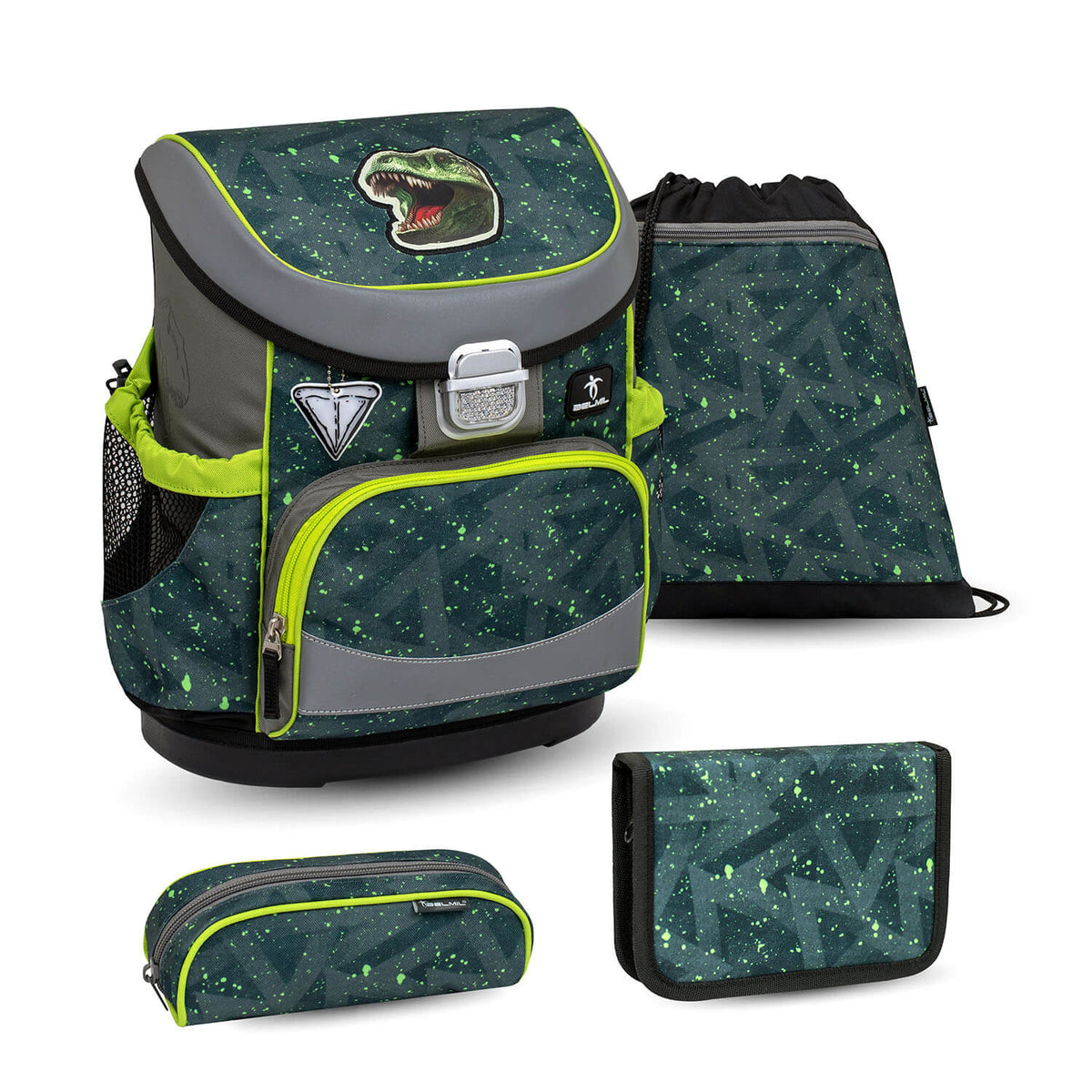Belmil Mini-Fit T-rex Roar schoolbag set 4 pcs featuring a dinosaur design, showcasing a main school bag, pencil case, drawstring bag, and lunch box - Ergonomic School Bag Set for Boys – Belmil Mini-Fit T-rex Roar (4 pcs).
