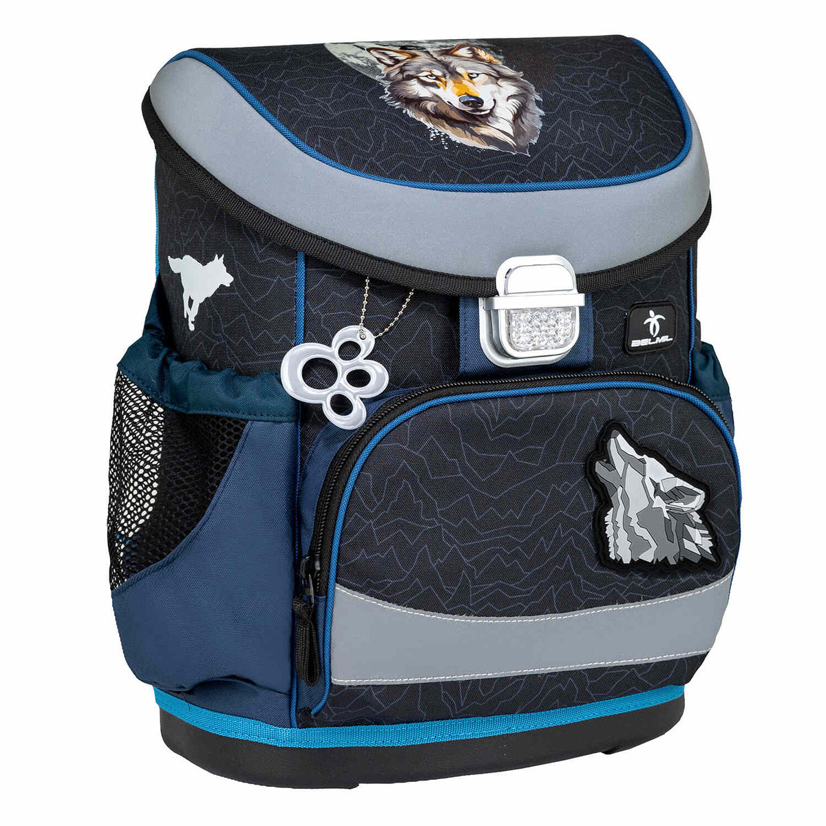 Ergonomic School Bag Set for Boys – Belmil Mini-Fit Wolves Pack (4 pcs) with a focus on the front pocket designed for pencil cases and storage.