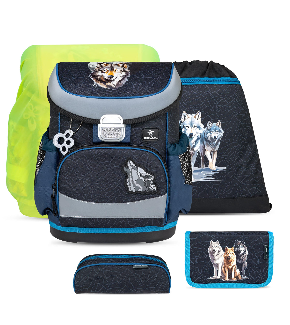 Ergonomic School Bag Set for Boys– Mini-Fit Wolves Pack School Bag Set with Rain Cover (5 pcs)