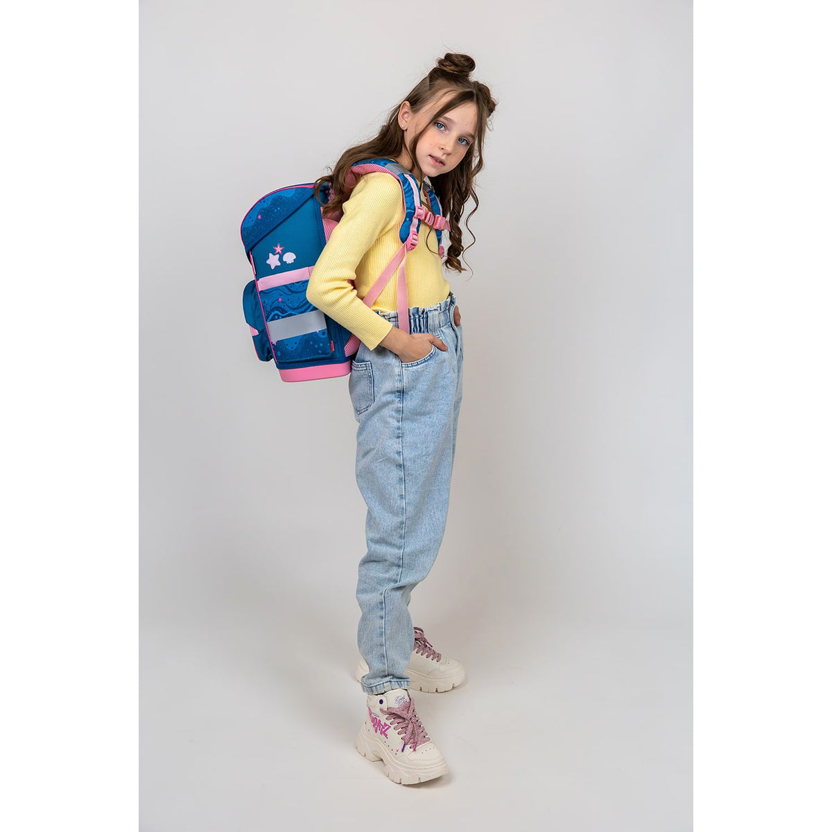 Stylish Belmil Compact Mermaid School Bag Set – 5-Piece Ergonomic Backpack with AGR Certificate, Fidlock Buckle & 4 Decorative Patches shown from the front.