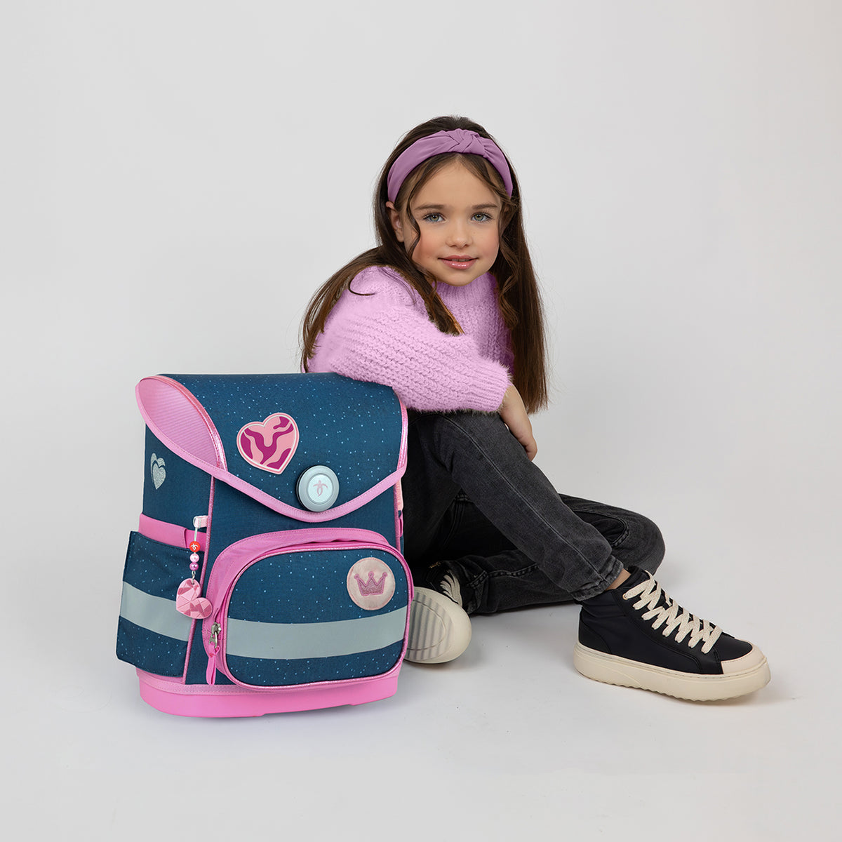 Belmil Compact mit Patches Ergonomic School Bag Set “Starry Princess” Design + Unicorn Raincoat – 5-Piece Set for Girls