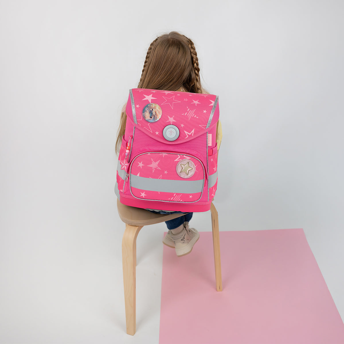 Belmil Compact mit Patches Ergonomic School Bag Set “Starry Magic” Design + Unicorn Raincoat – 5-Piece Set for Girls