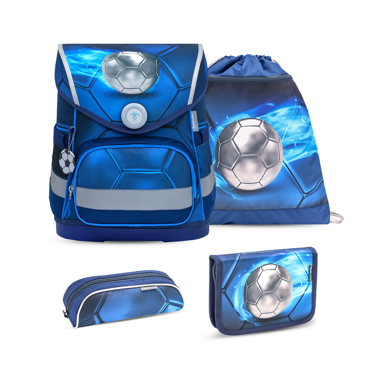 Ergonomic School Bag Set for Boys – Belmil Compact Football 4 schoolbag set 4 pcs featuring a stylish football theme and bold soccer ball graphic.