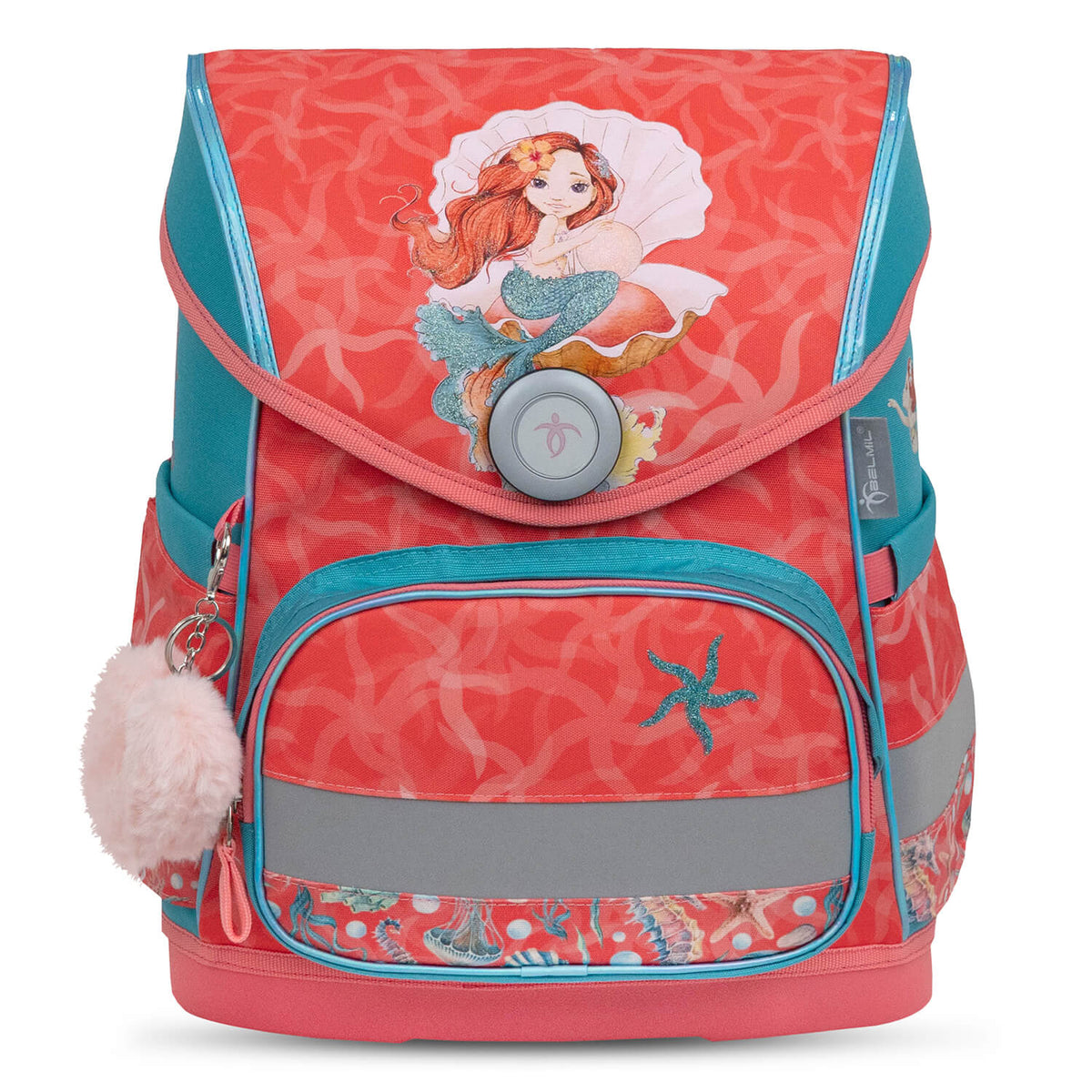 Fidlock magnetic buckle on the Belmil Compact Ergonomic School Bag Set “Sea Queen” Design + Unicorn Raincoat – 5-Piece Set for Girls for easy opening.