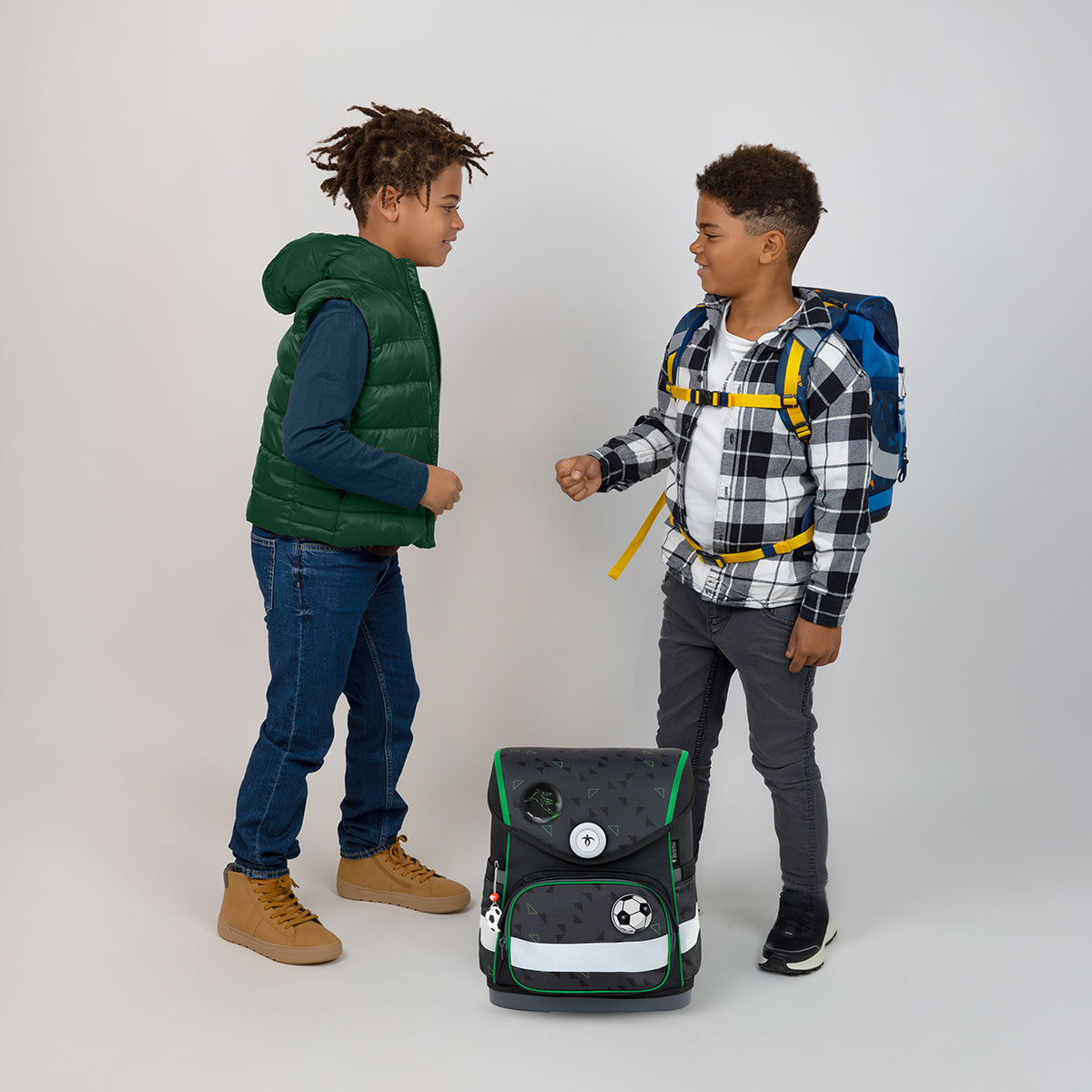 Belmil Compact mit Patches Ergonomic School Bag Set “Striker X” Design + Dinosaur Raincoat – 5-Piece Set for Boys