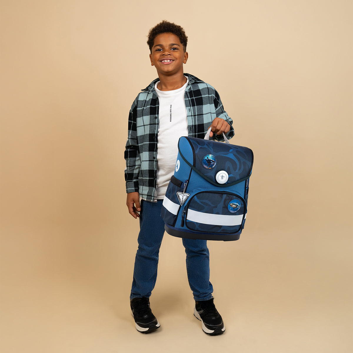 Belmil Compact mit Patches Ergonomic School Bag Set “Wave Storm” Design + Dinosaur Raincoat – 5-Piece Set for Boys