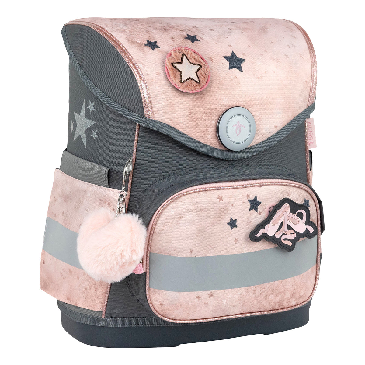 The stylish Ergonomic School Bag Set for Girls – Belmil Compact Belle Pirouette schoolbag set 5 pcs showing multiple compartments and adjustable straps.