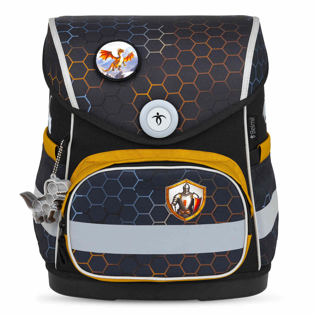 Contents of the Belmil Compact Dragon School Bag Set – 5-Piece Ergonomic Backpack with AGR Certificate, Fidlock Buckle & 4 Decorative Patches including gym bag and pencil case.