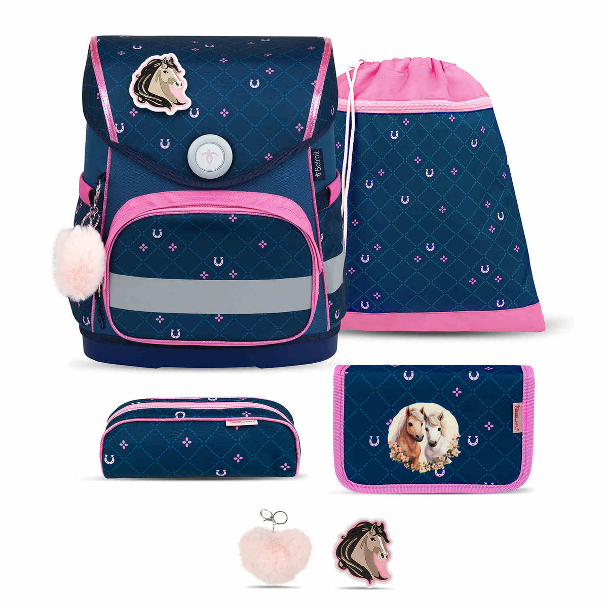 elmil Compact Meet Your Horses School Bag Set (5 pcs): Includes ergonomic school bag, gym bag, Pencil case (empty), Pencil pouch, and a horse-themed decorative patch.