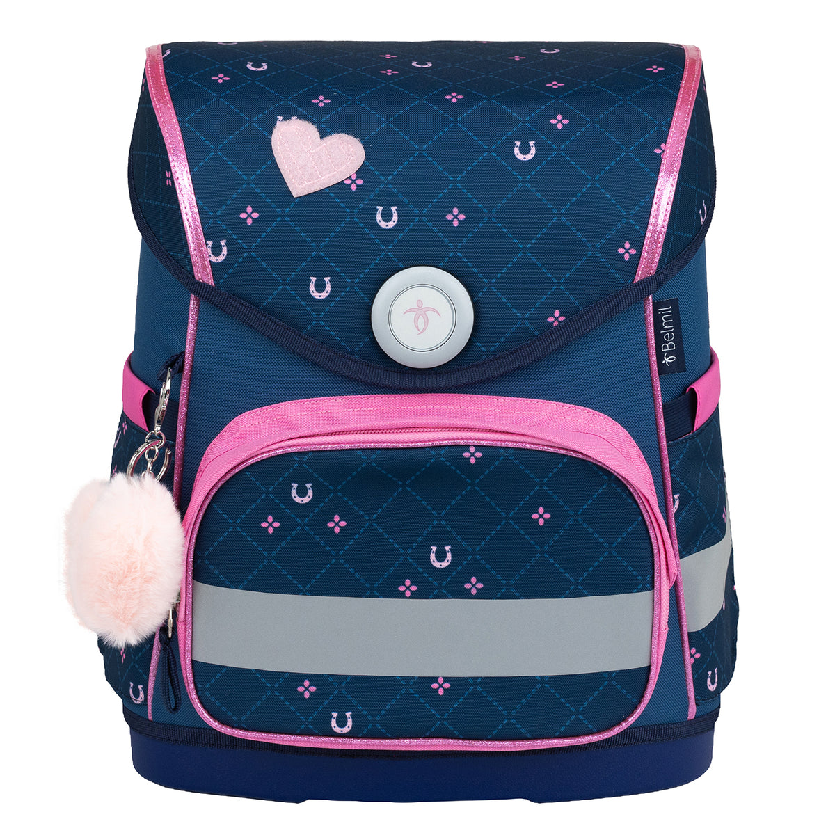 Adjustable straps on the Belmil Compact Ergonomic School Bag Set “Meet your Horses” Design + Unicorn Raincoat – 5-Piece Set for Girls.