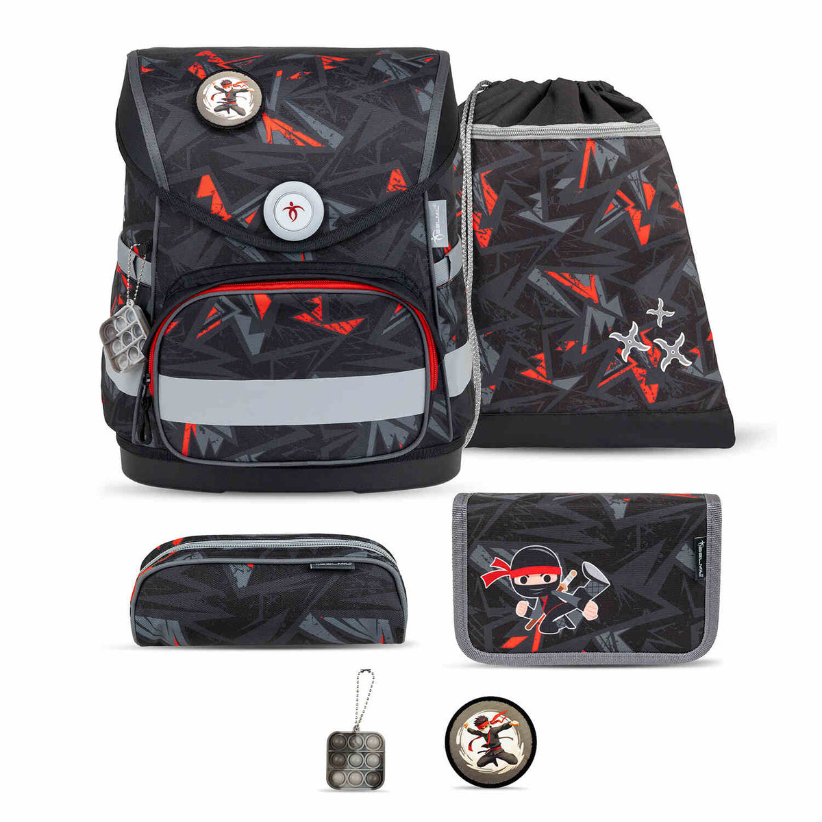 Ergonomic School Bag Set for Boys – Belmil Compact Ninja schoolbag set with a sleek black-and-red design, showcasing the stylish ninja motif and multiple compartments for kids aged 110 cm and up.