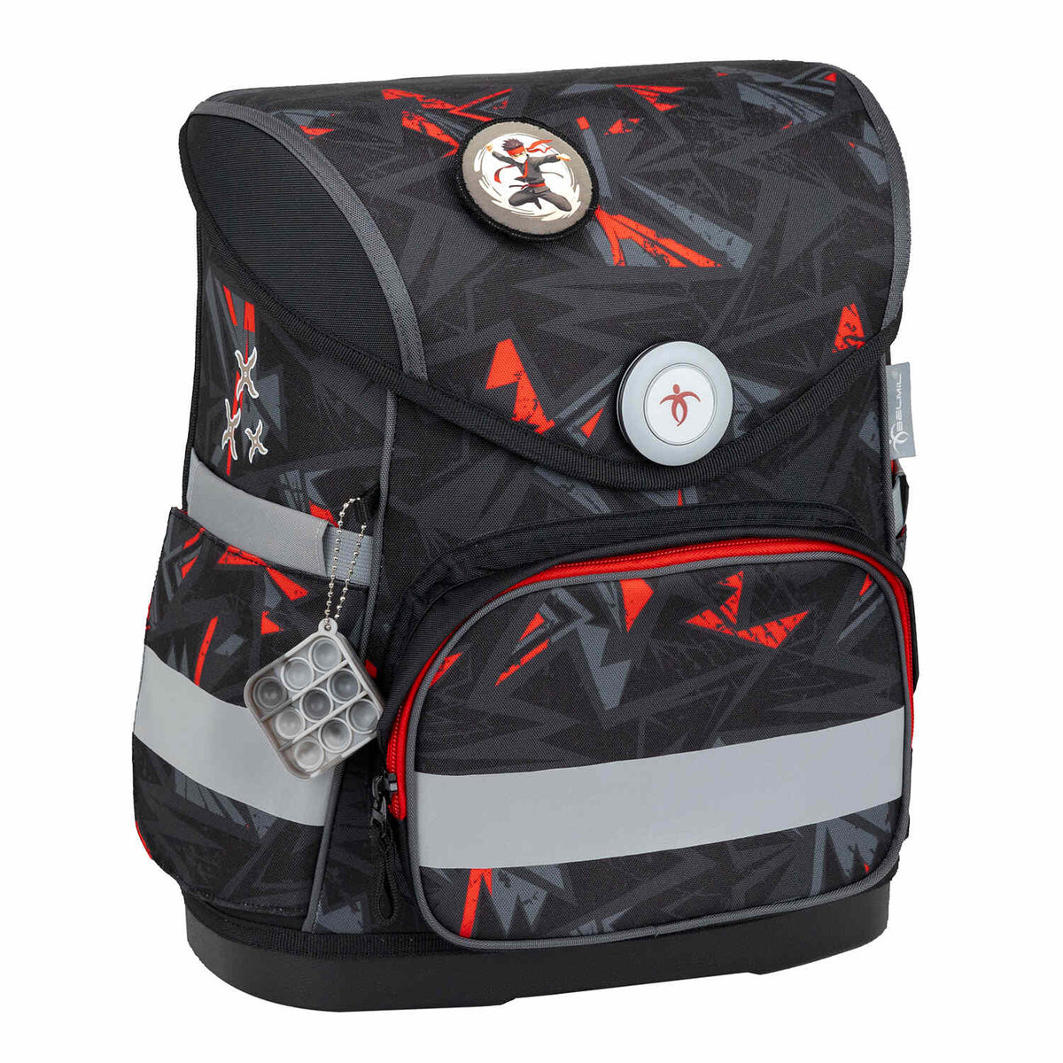 Belmil Compact Ninja School Bag Set – 5-Piece Ergonomic Backpack with AGR Certificate, Fidlock Buckle & 4 Decorative Patches featuring two side pockets for snacks and bottles.