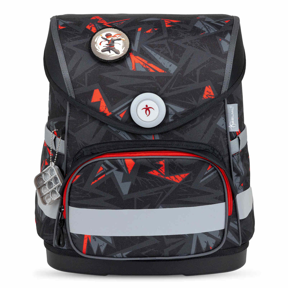 Belmil Compact Ninja School Bag Set – 5-Piece Ergonomic Backpack with AGR Certificate, Fidlock Buckle & 4 Decorative Patches highlighting the adjustable shoulder and chest straps for a perfect fit.
