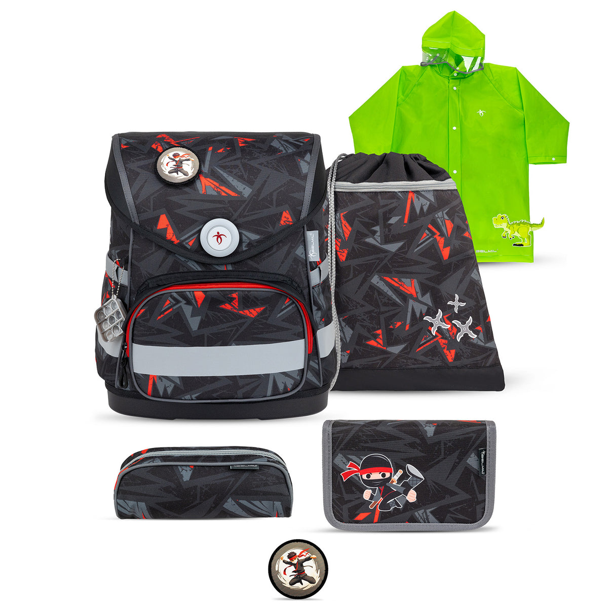 Belmil Compact Ergonomic School Bag Set “Drivex” Design + Dinosaur Raincoat – 5-Piece Set for Boys featuring a colorful ninja-themed backpack.