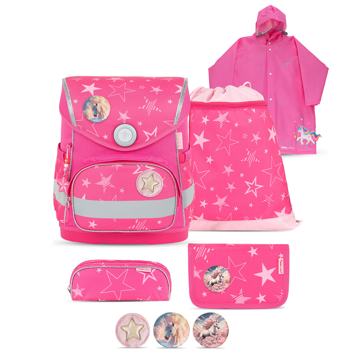 Belmil Compact Ergonomic School Bag Set “Starry Magic” Design + Unicorn Raincoat – 5-Piece Set for Girls featuring a vibrant pink background and shimmering star patterns.