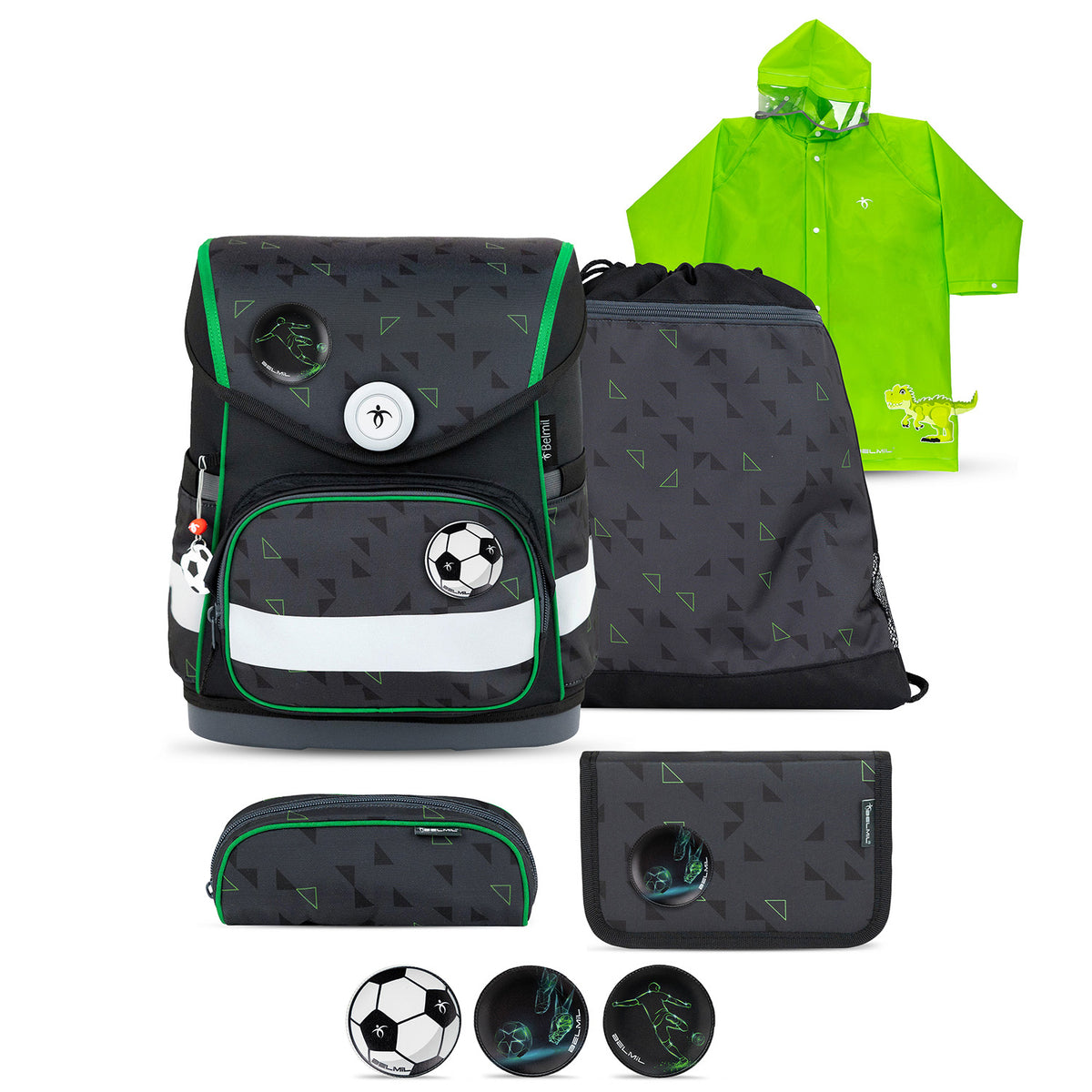 Belmil Compact Ergonomic School Bag Set “Striker X” Design + Dinosaur Raincoat – 5-Piece Set for Boys featuring a sleek black and green design.