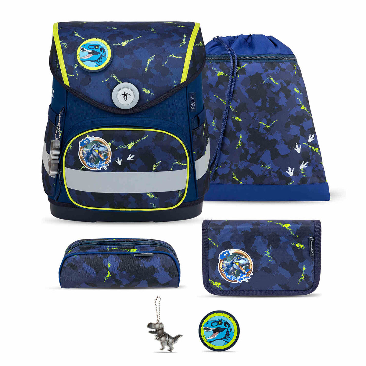Ergonomic School Bag Set for Boys – Belmil Compact T-rex schoolbag set 5 pcs with vibrant blue camouflage design featuring dinosaur footprints and a T-Rex badge, perfect for young adventurers.