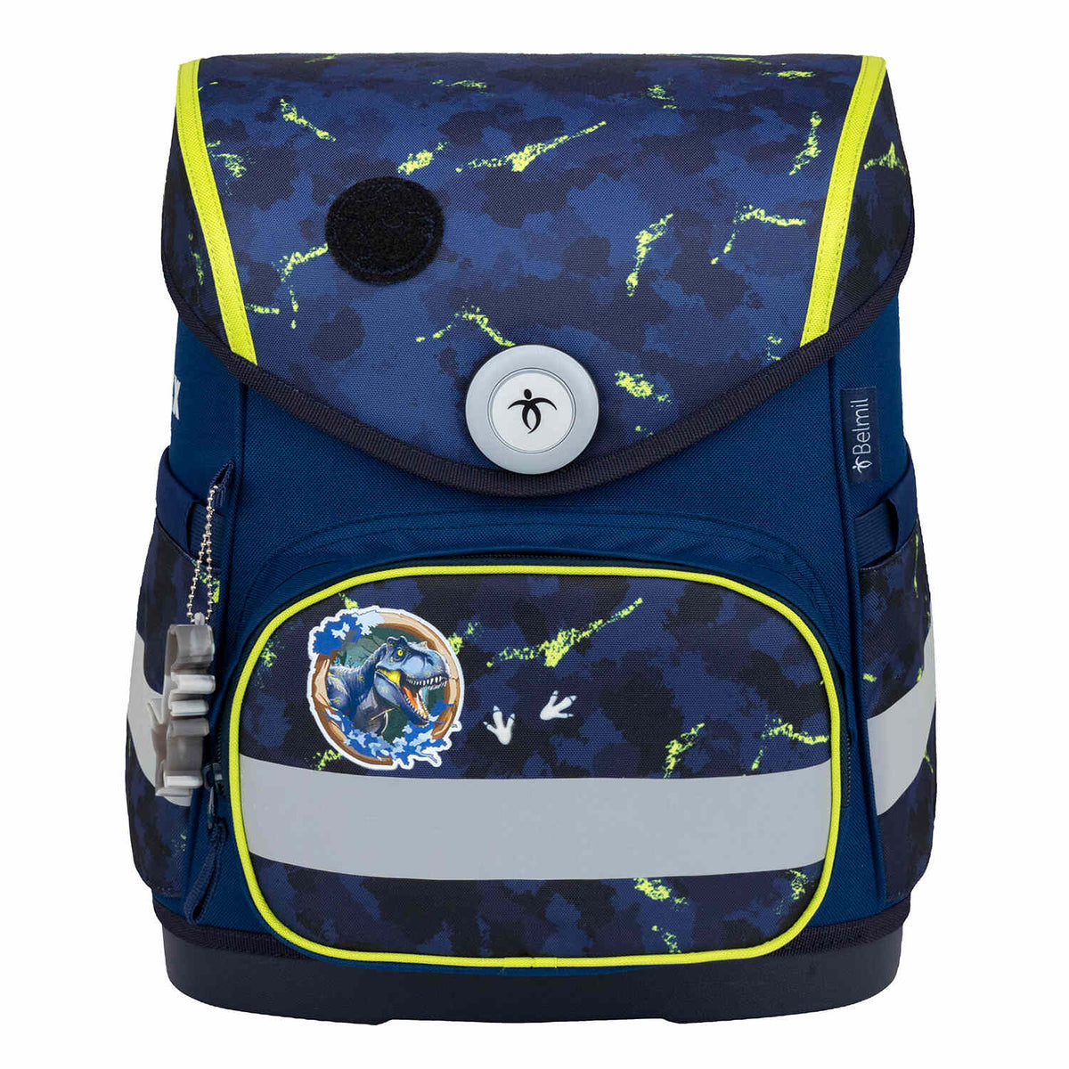 Belmil Compact T-rex School Bag Set – 5-Piece Ergonomic Backpack with AGR Certificate, Fidlock Buckle & 4 Decorative Patches showing the complete set including gym bag, pencil pouch, and decorative patches.