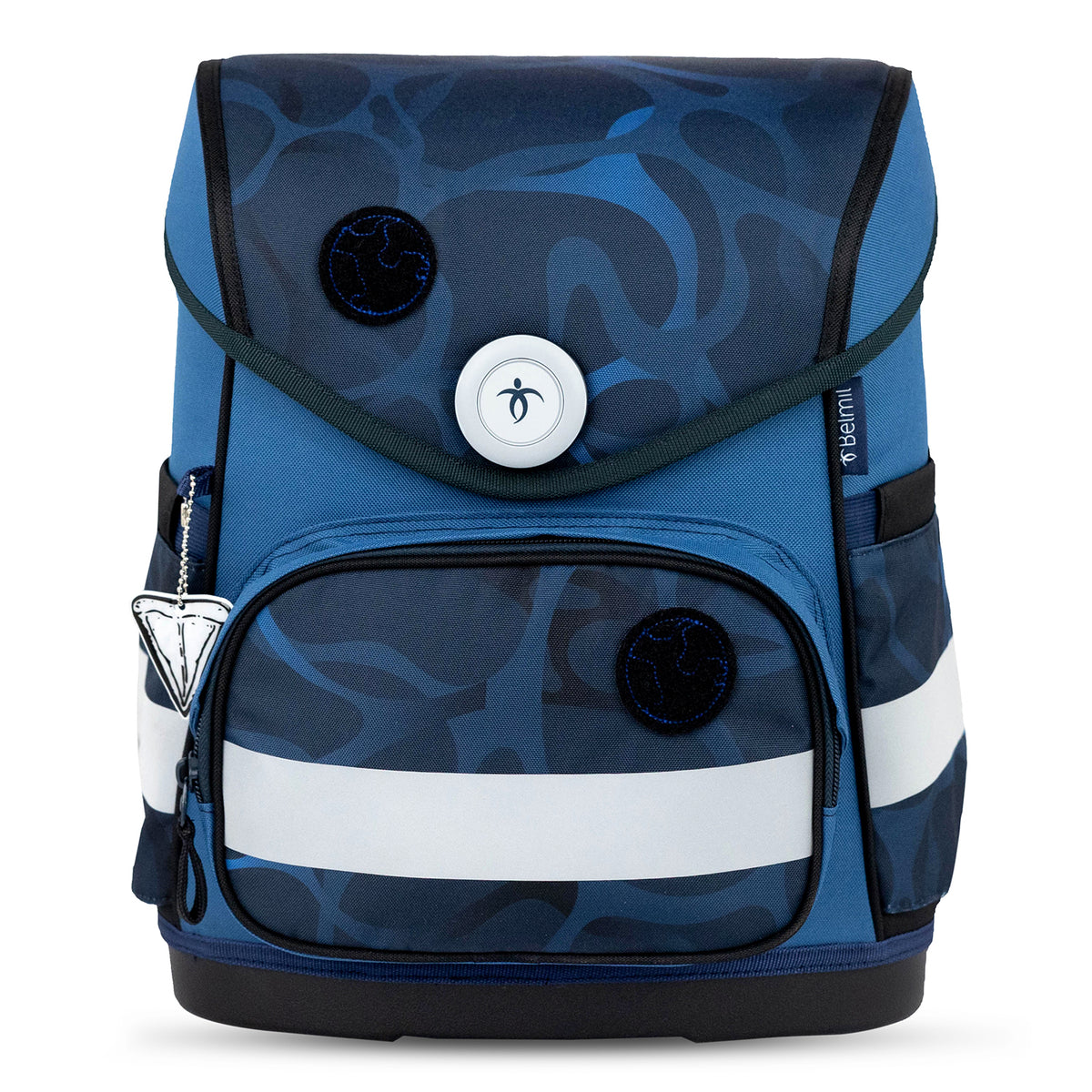 Ergonomic School Bag Set for Boys – Belmil Compact Wave Storm (5 pcs) display showing included gym bag, pencil case, pencil pouch, and patch set.