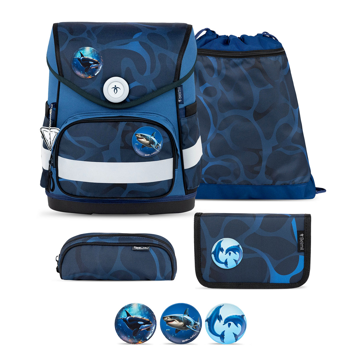 Ergonomic School Bag Set for Boys – Belmil Compact Wave Storm (5 pcs) featuring the stylish Wave Storm design with blue tones and shark motifs.