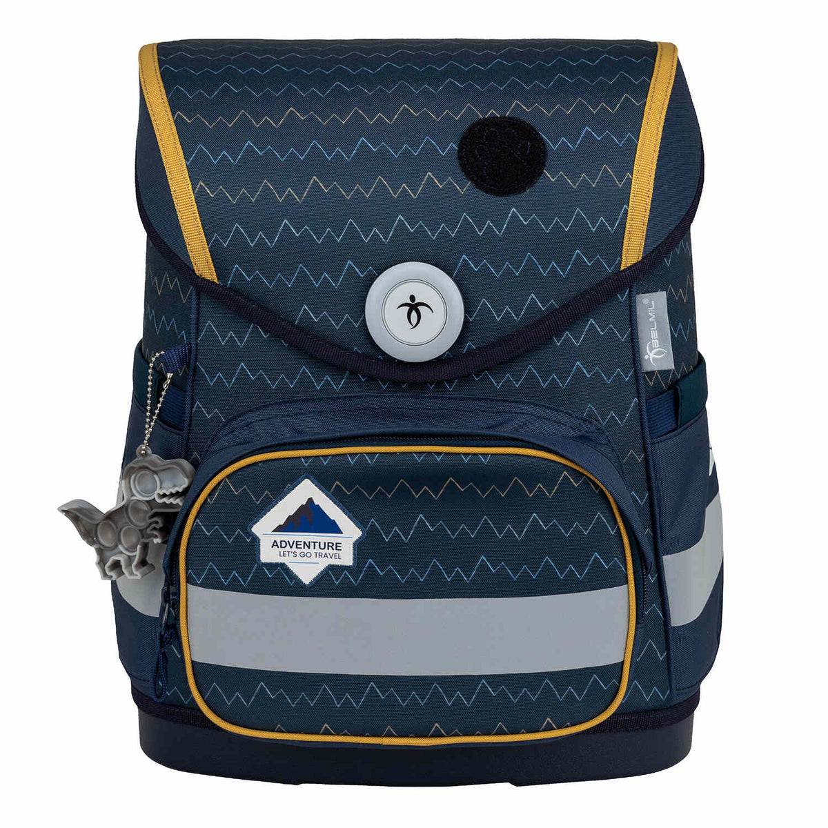 The stylish design of the Belmil Compact Wolves School Bag Set – 5-Piece Ergonomic Backpack with AGR Certificate, Fidlock Buckle & 4 Decorative Patches with a wolf theme.