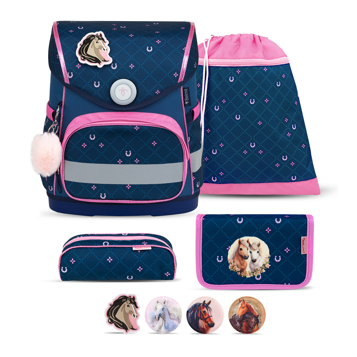 Stylish Belmil Compact Meet Your Horses School Bag Set – 5-Piece Ergonomic Backpack with AGR Certificate, Fidlock Buckle & 4 Decorative Patches featuring vibrant navy blue and pastel pink design with horse graphics.