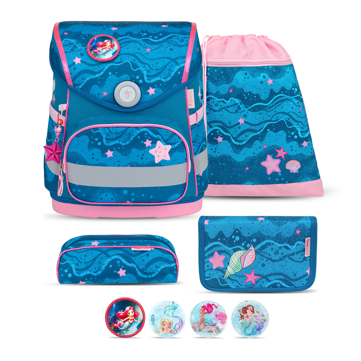 Belmil Compact Mermaid School Bag Set – 5-Piece Ergonomic Backpack with AGR Certificate, Fidlock Buckle & 4 Decorative Patches displayed with decorative patches.