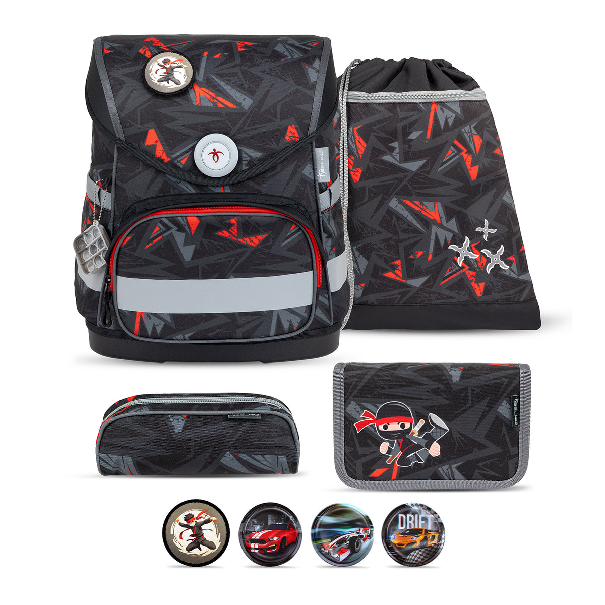 Belmil Compact Ninja School Bag Set – 5-Piece Ergonomic Backpack with AGR Certificate, Fidlock Buckle & 4 Decorative Patches showcasing the stylish ninja design with geometric patterns in red and grey.