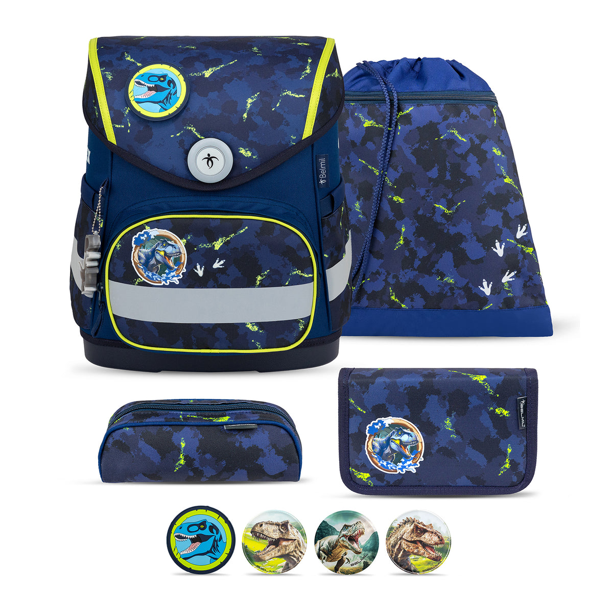 Belmil Compact T-rex School Bag Set – 5-Piece Ergonomic Backpack with AGR Certificate, Fidlock Buckle & 4 Decorative Patches showcasing its stylish design in vibrant dinosaur-themed artwork.