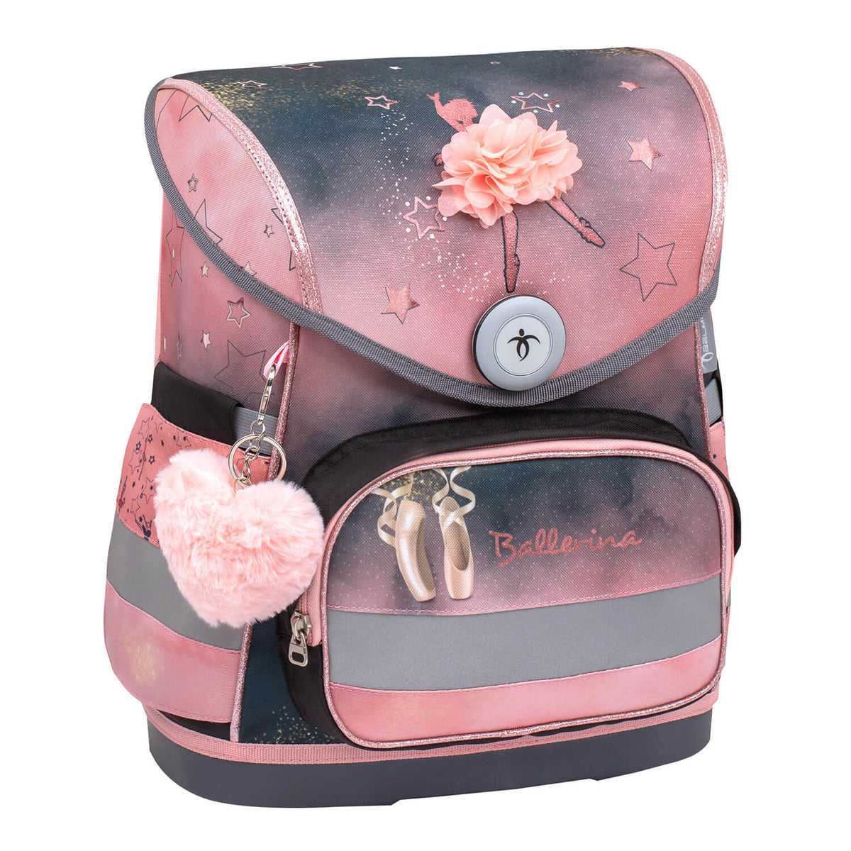 Close-up of the high-quality magnetic closure of the Compact Ballerina Black Pink schoolbag set 4 pcs, part of Belmil's Ergonomic School Bag Set for Girls.