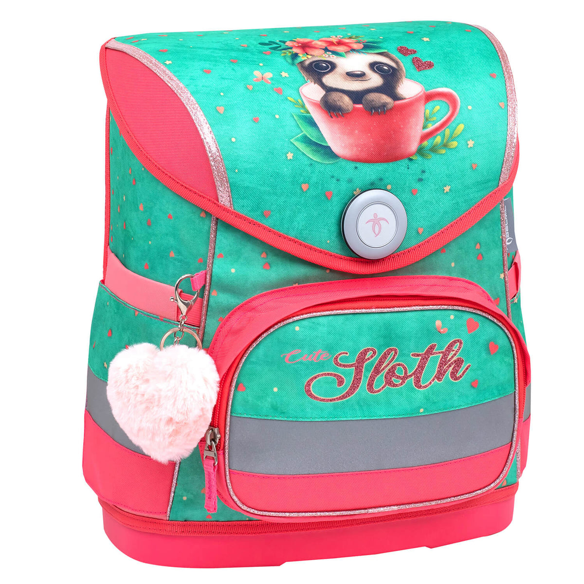 Reflective elements on the Belmil Compact Ergonomic School Bag Set “Cute Sloth” Design + Unicorn Raincoat – 5-Piece Set for Girls to enhance visibility.