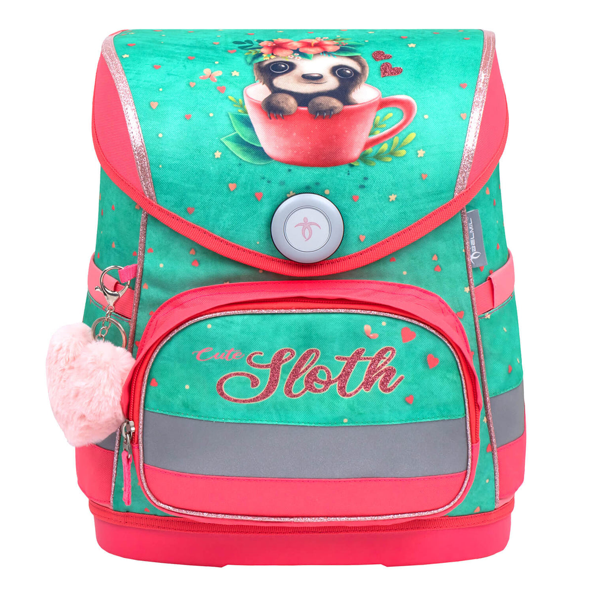 Fidlock magnetic buckle on the Belmil Compact Ergonomic School Bag Set “Cute Sloth” Design + Unicorn Raincoat – 5-Piece Set for Girls for easy opening.