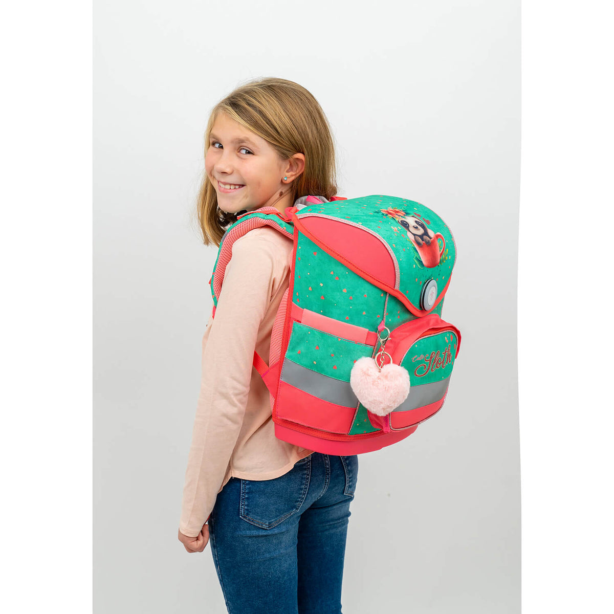 The ergonomic back panel of the Belmil Compact Ergonomic School Bag Set “Cute Sloth” Design + Unicorn Raincoat – 5-Piece Set for Girls with breathable padding for comfort.